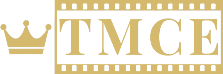The Main Character Effect horizontal logo with a gold crown and TMCE letters inside a filmstrip frame, transparent background