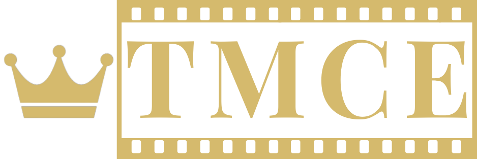 The Main Character Effect logo with a gold crown and bold serif TMCE letters inside a filmstrip frame, on transparent background.