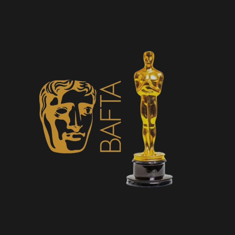 Gold BAFTA mask and Oscar statuette on a black background