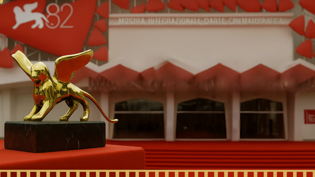 Golden Lion statue in front of the Venice Film Festival’s red-carpet venue, 82nd edition.