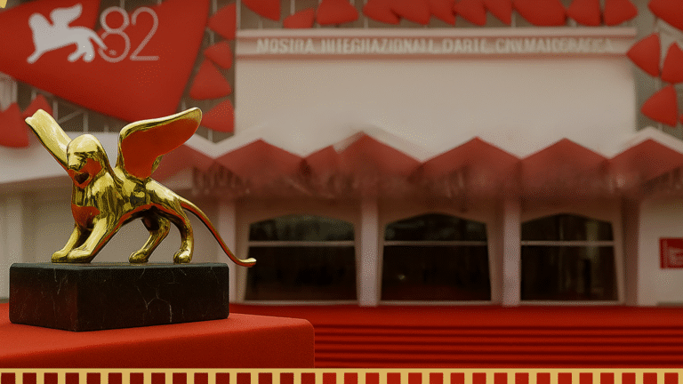 Golden Lion statue in front of the Venice Film Festival’s red-carpet venue, 82nd edition.