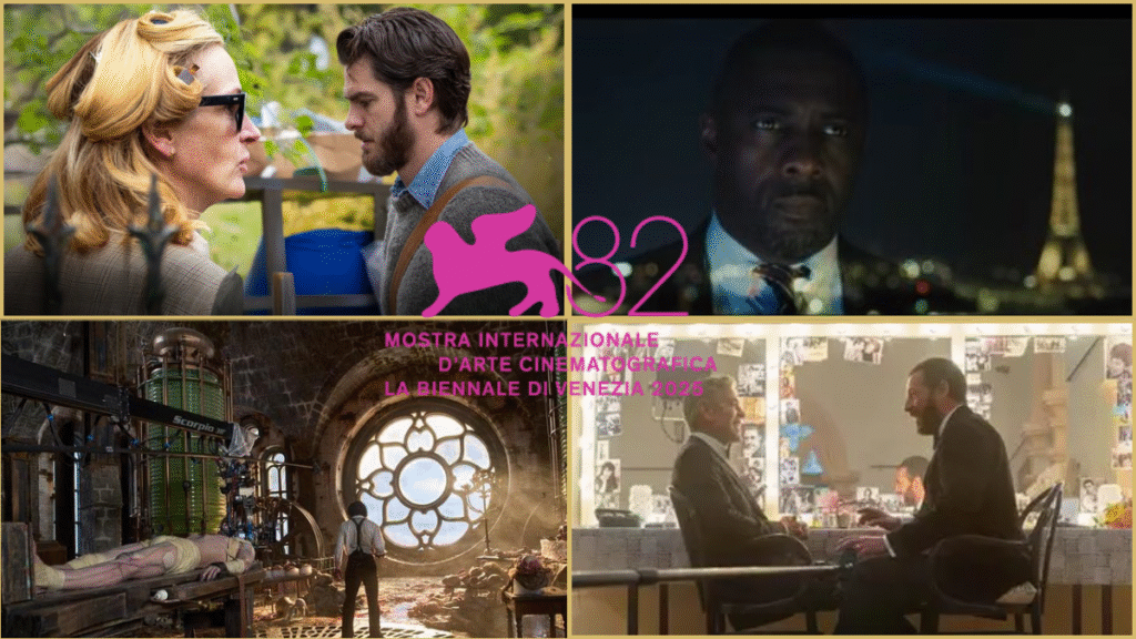 Four-panel collage: After the Hunt (Amazon/MGM); A House of Dynamite, Frankenstein, and Jay Kelly (Netflix) — Venice Film Festival 2025.