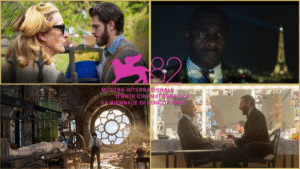 Four-panel collage: After the Hunt (Amazon/MGM); A House of Dynamite, Frankenstein, and Jay Kelly (Netflix) — Venice Film Festival 2025.