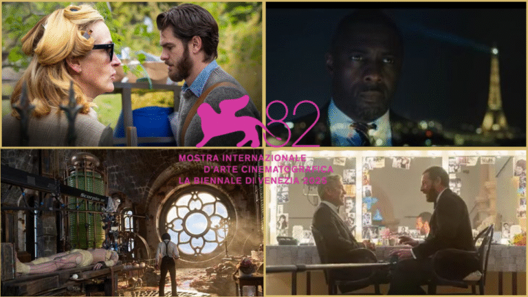 Four-panel collage: After the Hunt (Amazon/MGM); A House of Dynamite, Frankenstein, and Jay Kelly (Netflix) — Venice Film Festival 2025.