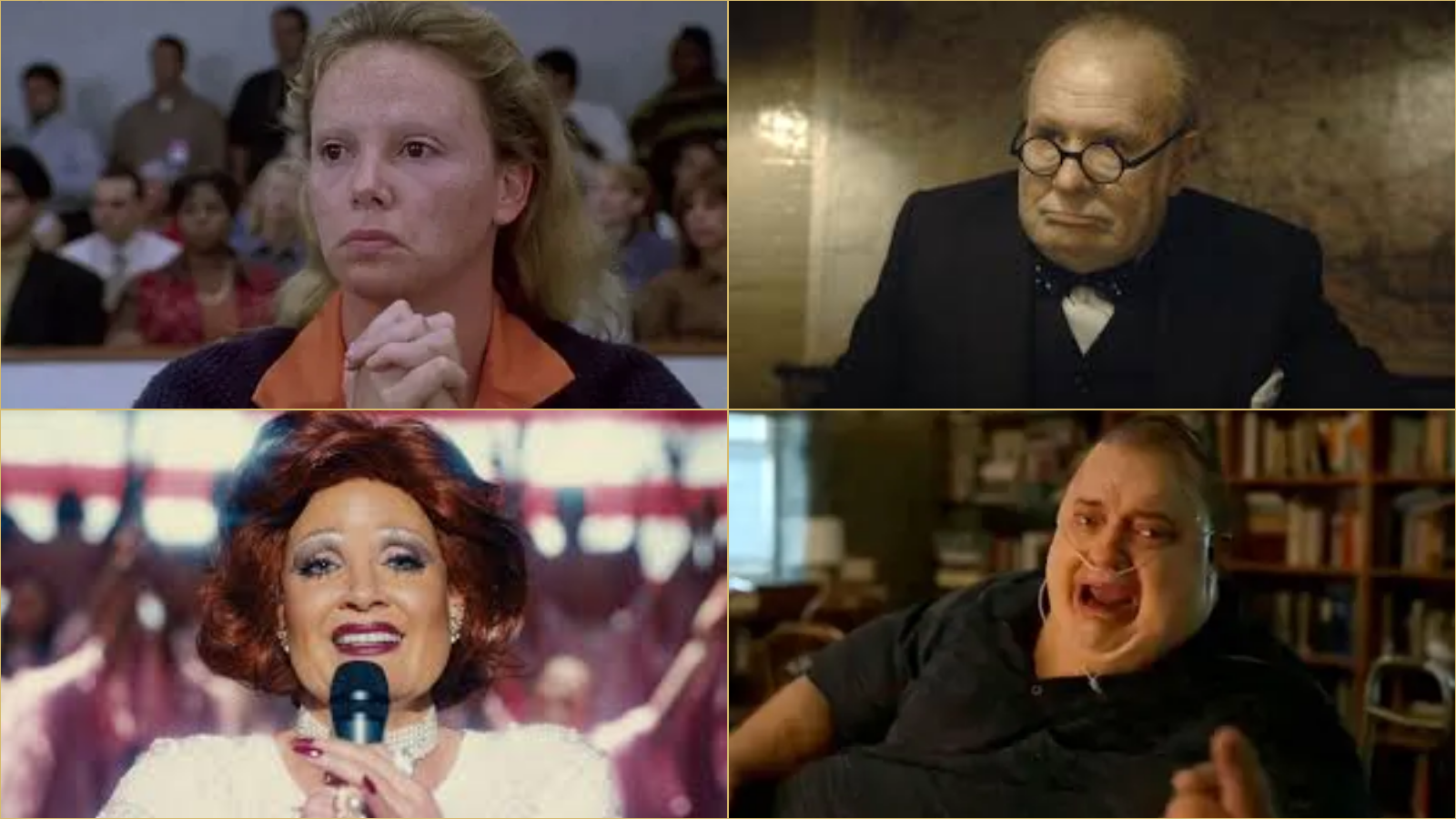 Collage of four Oscar-winning performances transformed by makeup and hairstyling: Charlize Theron in Monster as serial killer Aileen Wuornos; Gary Oldman in Darkest Hour as Winston Churchill; Jessica Chastain in The Eyes of Tammy Faye as Tammy Faye Bakker; and Brendan Fraser in The Whale as reclusive English teacher Charlie.