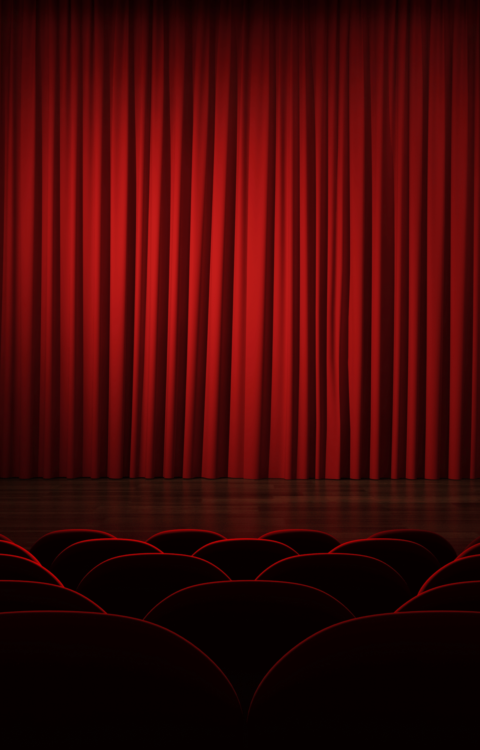 Cinematic red theater curtain with dark silhouettes of audience seats, evoking a classic moviegoing atmosphere