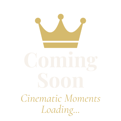 Gold crown above the words “Coming Soon” in light ivory serif font, with the subline “Cinematic Moments Loading…” in gold italics, all centered on a transparent background.