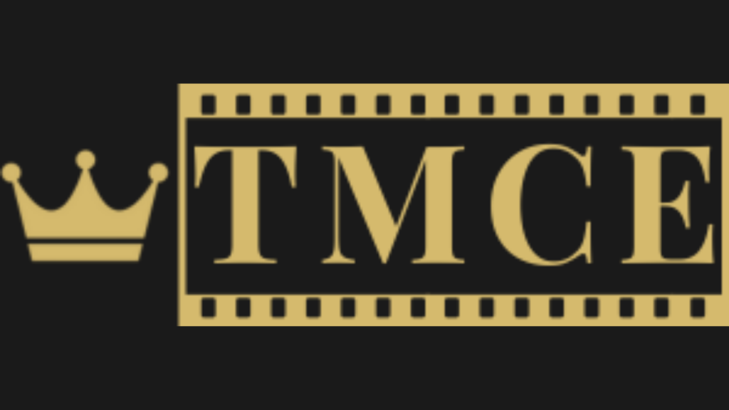 The Main Character Effect horizontal logo with a gold crown and TMCE letters inside a filmstrip frame, black background