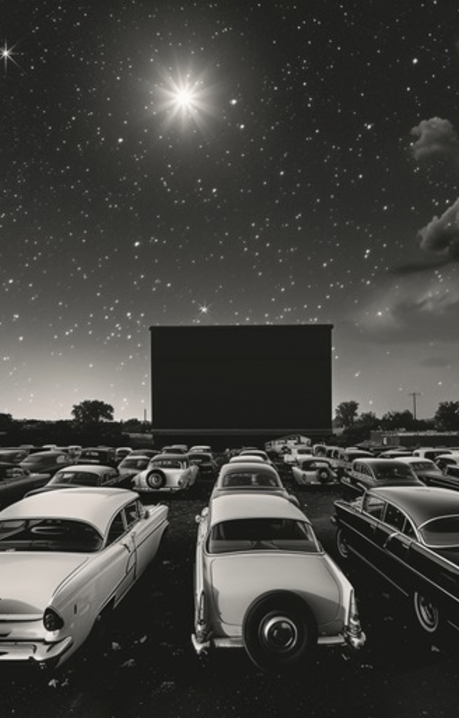 Drive-in movie theater at night with screen and rows of vintage cars parked beneath a glowing starry sky
