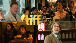 Composite image of TIFF 2025 films with Brendan Fraser in Rental Family, Tessa Thompson in Hedda, Matthew McConaughey in The Lost Bus, and Daniel Craig in Wake Up Dead Man, with TIFF 50 logo