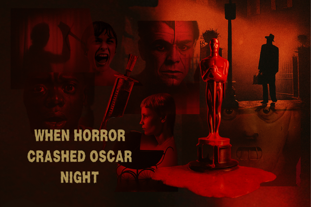 Digital collage titled "When Horror Crashed Oscar Night" featuring horror film icons and a blood-soaked Oscar statuette on a dark red background
