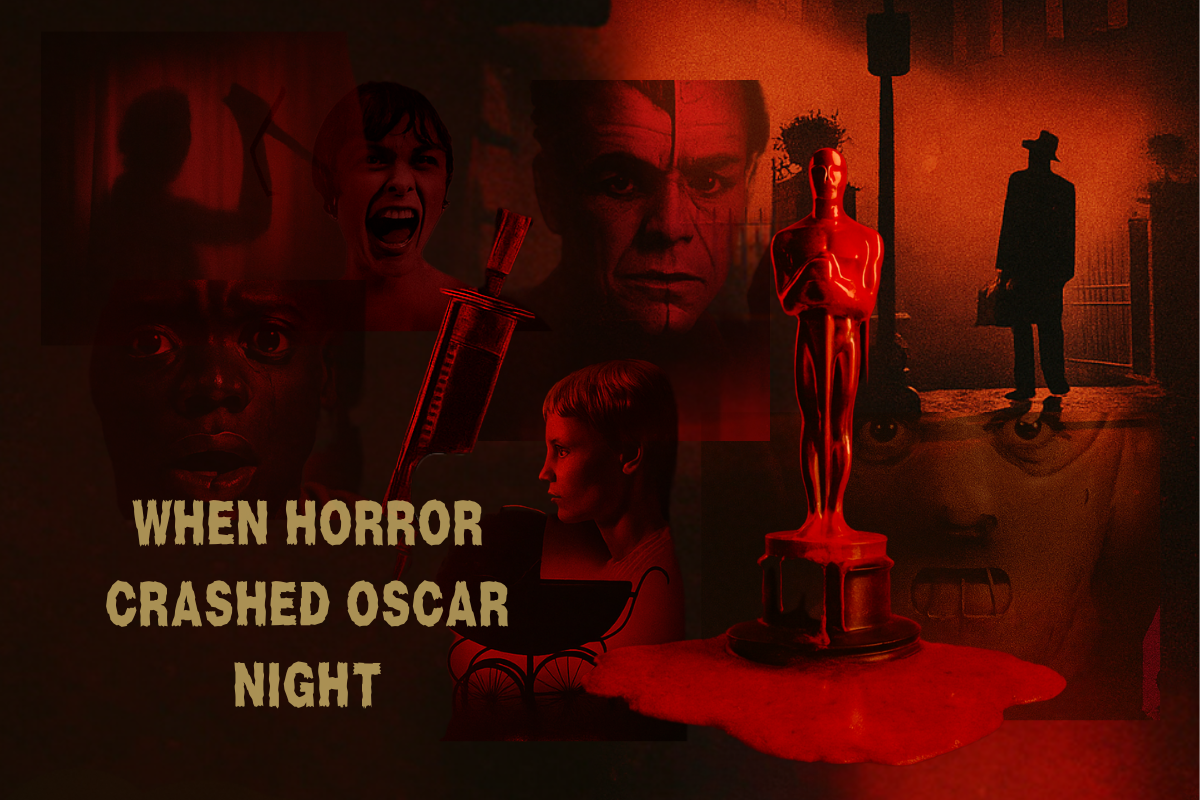 Digital collage titled "When Horror Crashed Oscar Night" featuring horror film icons and a blood-soaked Oscar statuette on a dark red background