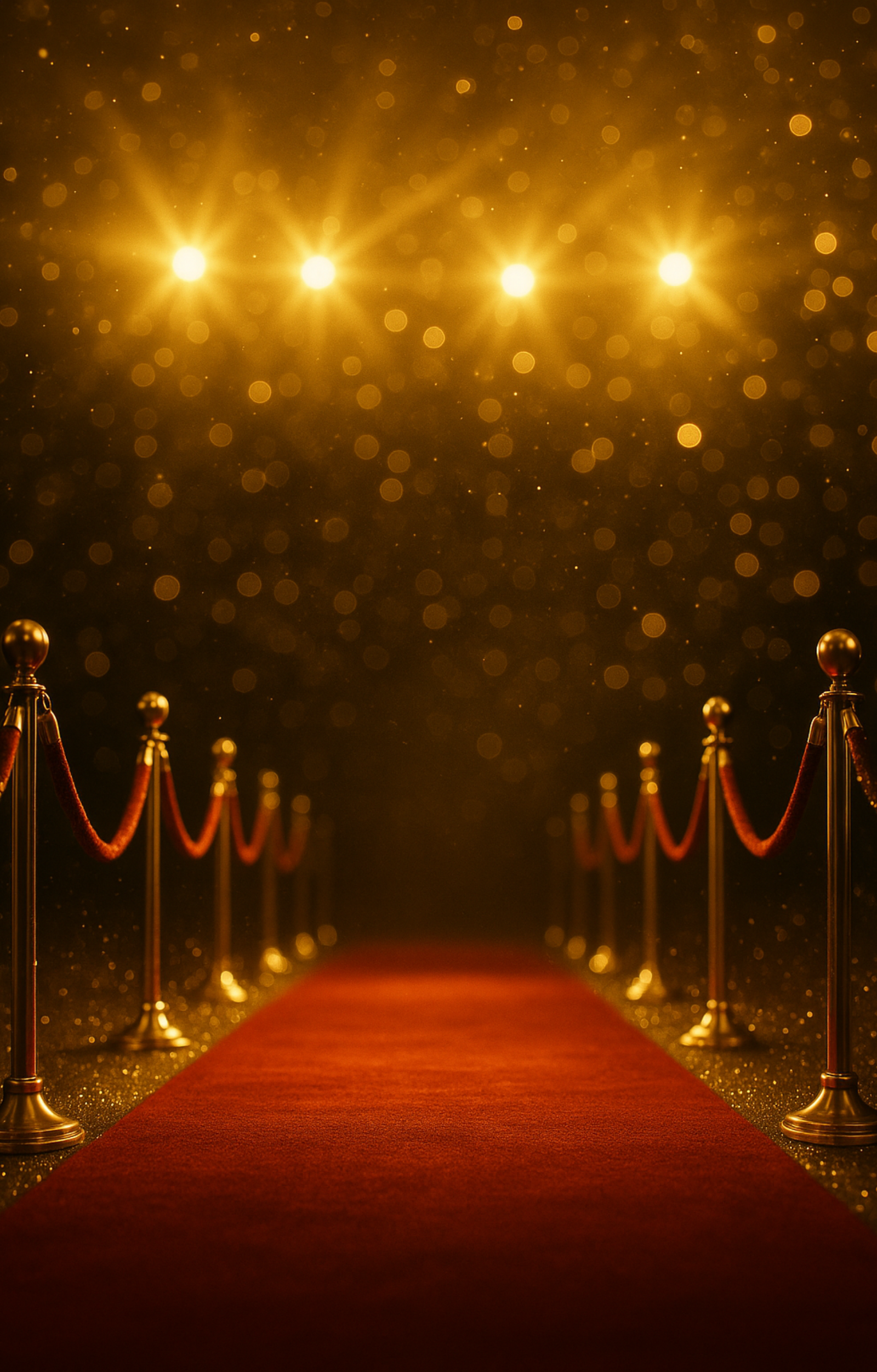Red carpet stretching toward bright stage lights with gold bokeh, symbolizing film festivals and award shows around the world