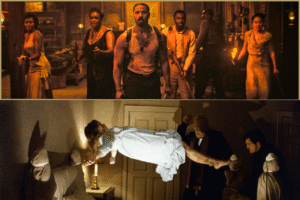 Scenes from Sinners and The Exorcist, with Michael B. Jordan leading a tense standoff above and Linda Blair levitating during the exorcism moment below
