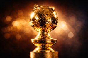 Golden Globe trophy photographed against a dark background