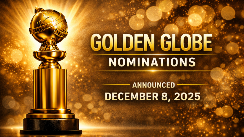 Golden Globe Awards trophy with text announcing Golden Globe nominations
