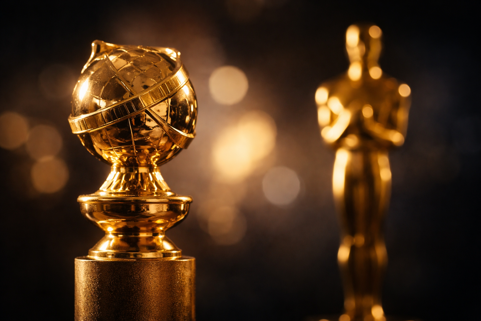 Golden Globe trophy in focus with an Oscar statuette blurred in the background