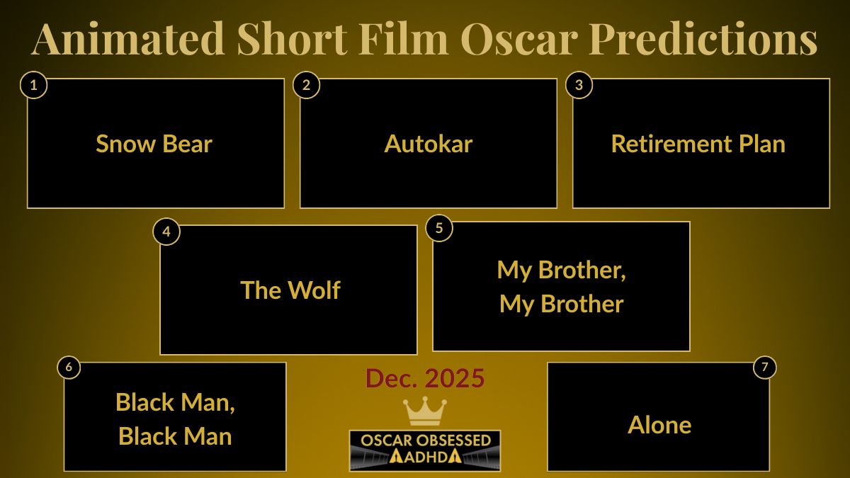 Leaderboard graphic showing the top 7 Animated Short Film contenders for the 2026 Oscars.