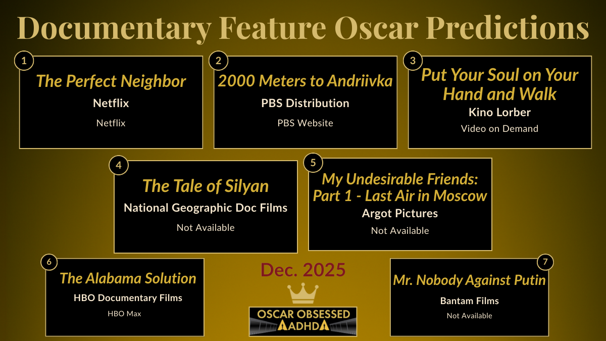 Leaderboard graphic showing the top 7 Documentary Feature contenders for the 2026 Oscars.