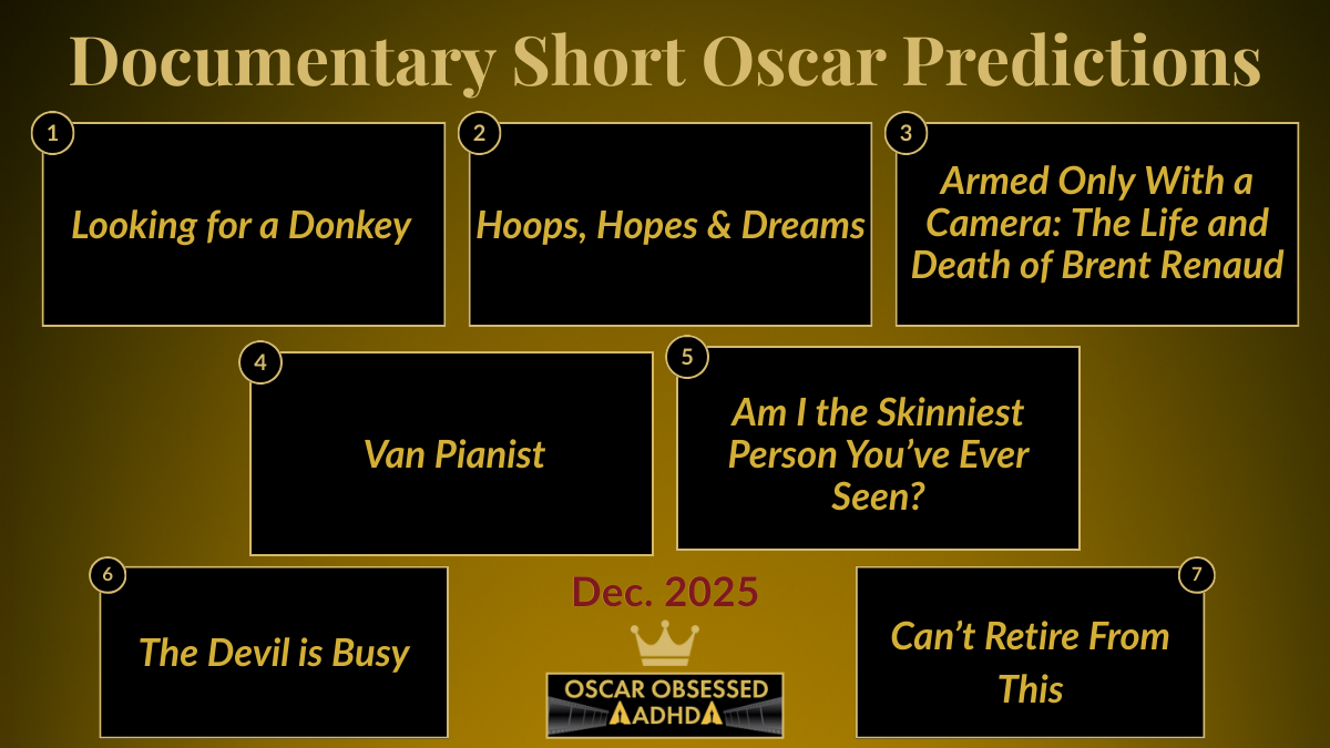 Leaderboard graphic showing the top 7 Documentary Short contenders for the 2026 Oscars.