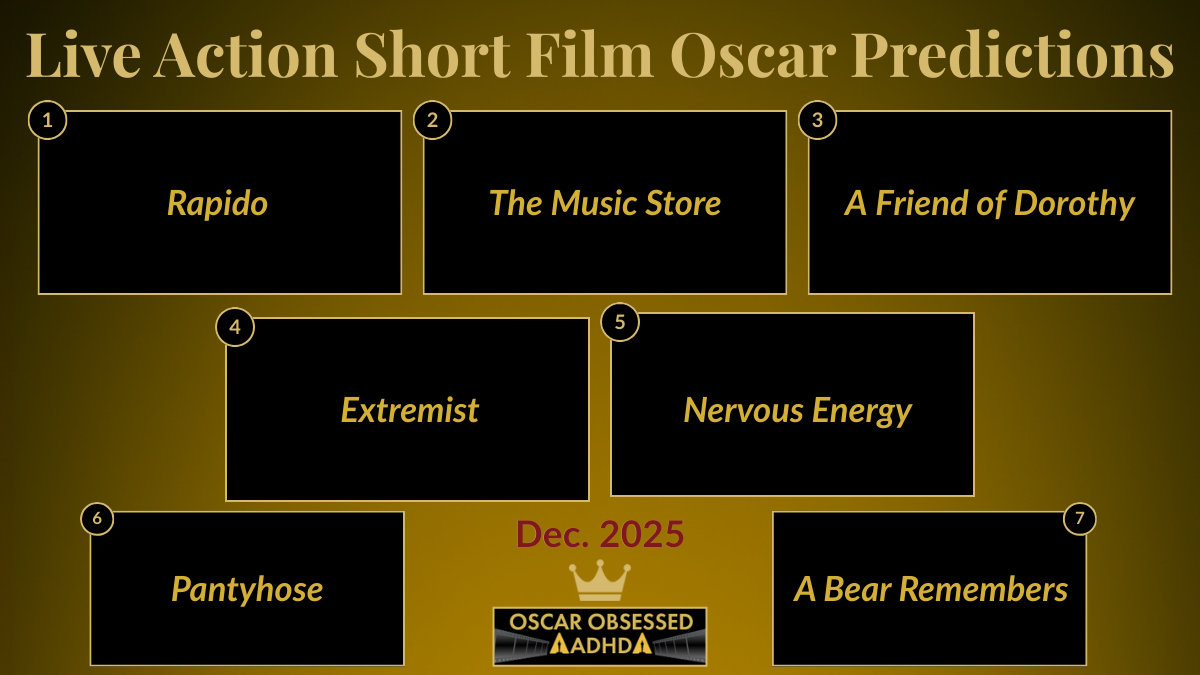 Leaderboard graphic showing the top 7 Live Action Short Film contenders for the 2026 Oscars.
