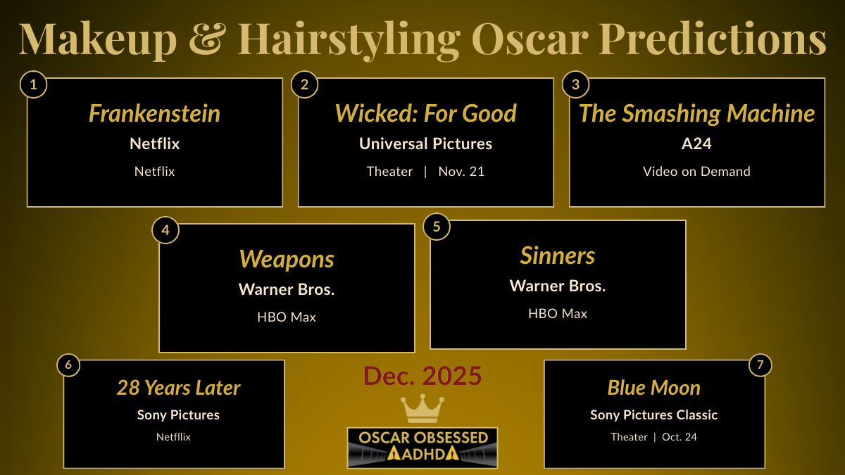 Leaderboard graphic showing the top 7 Makeup and Hairstyling contenders for the 2026 Oscars.
