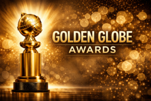 Golden Globe Awards trophy on a gold background