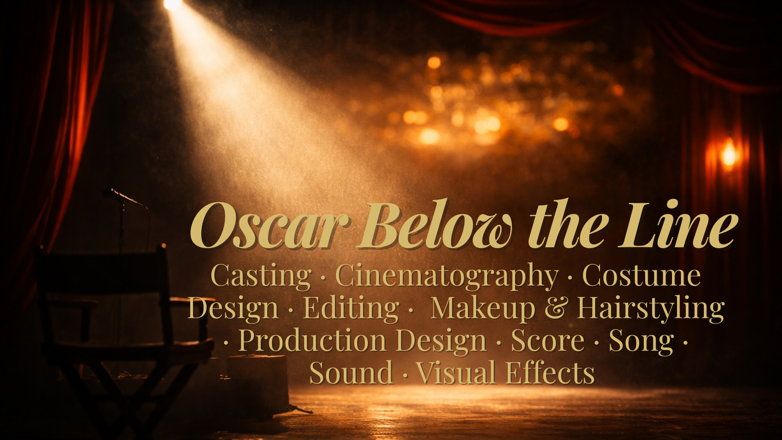 Stage spotlight illuminating a director’s chair in a dark theater setting featuring the Oscar Below the Line title.