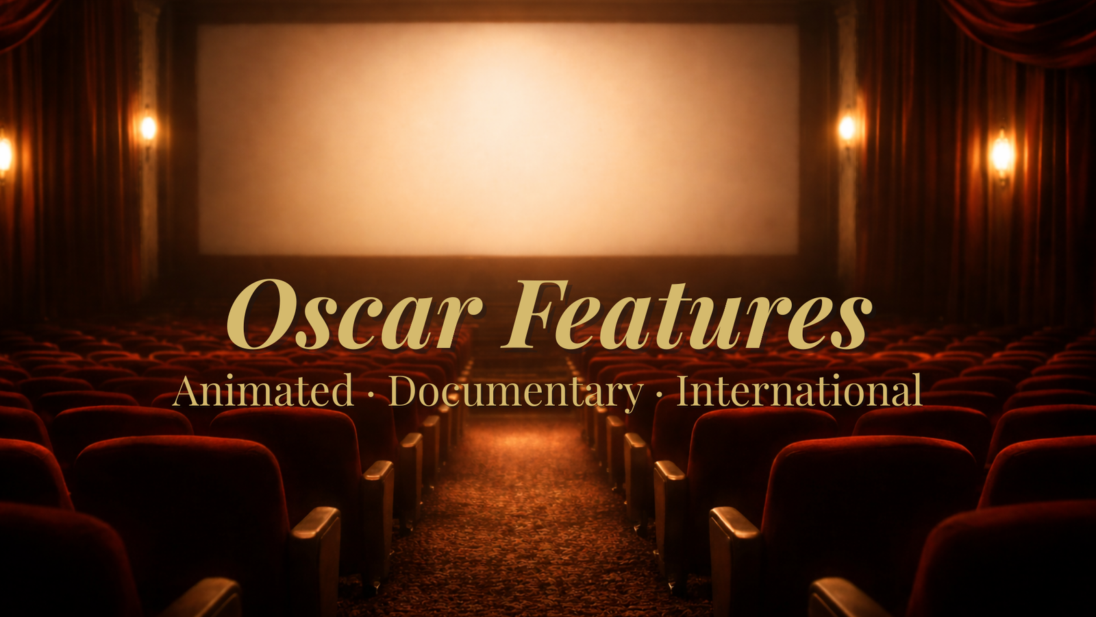 Empty cinema interior with rows of seats facing a softly lit movie screen featuring the Oscar Feature title.