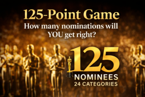 Graphic displaying ‘125-Point Game’ with gold text on a dark backdrop, referencing the 2026 Oscar nomination scoring system