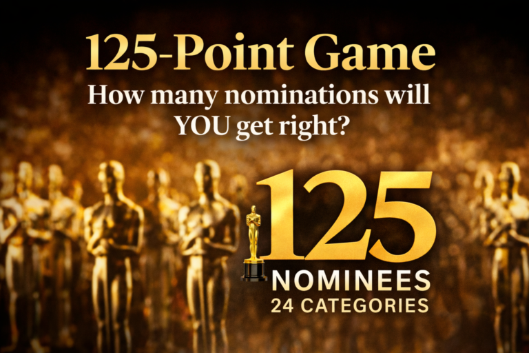 Graphic displaying ‘125-Point Game’ with gold text on a dark backdrop, referencing the 2026 Oscar nomination scoring system
