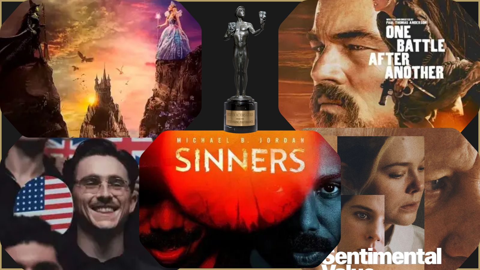 Actor Awards 2026 predictions collage featuring Wicked: For Good, Sinners, One Battle After Another, Marty Supreme, and Sentimental Value