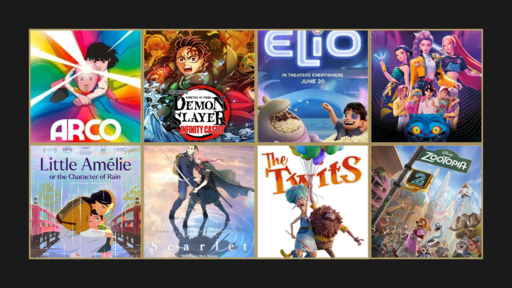 Eight animated film posters arranged in a grid — Arco,  Demon Slayer: Kimetsu no Yaiba Infinity Castle, Elio, KPop Demon Hunters, Little Amélie or the Character of Rain, Scarlet, The Twits, and Zootopia 2.