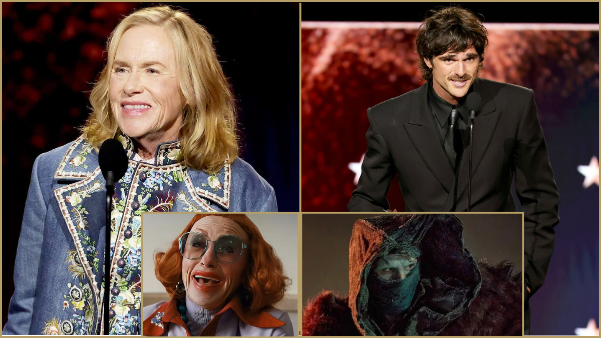Amy Madigan and Jacob Elordi at the Critics Choice Awards, alongside stills of Aunt Gladys from Weapons and the Creature from Frankenstein