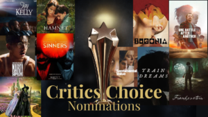 Critics Choice Awards nominations graphic with posters of the best picture nominated films and Critics Choice trophy