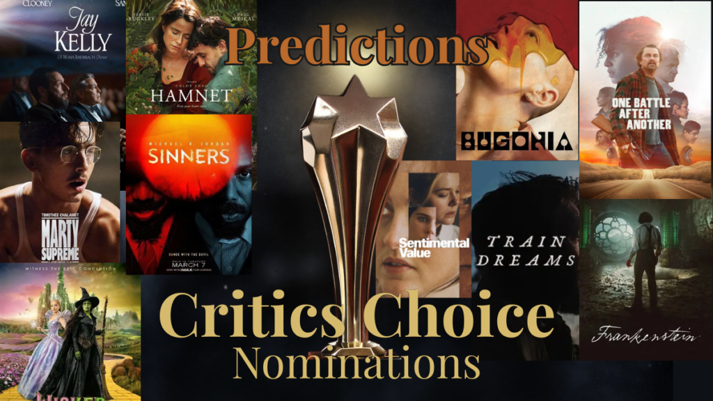 Critics Choice Awards nominations predictions graphic with posters of the best picture nominated films and Critics Choice trophy