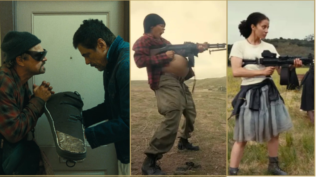 Three-panel film still collage from One Battle After Another showing hallway conversation and two outdoor scenes with people holding rifles.