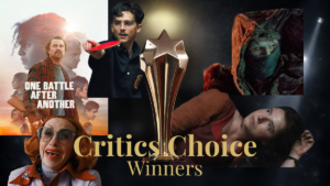 Critics Choice Awards winners graphic with some of the winners from the Critics' Choice Awards and the Critics Choice trophy