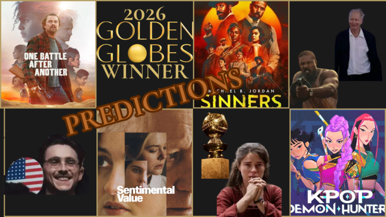 Golden Globe 2026 winner predictions collage featuring Sinners, One Battle After Another, KPop Demon Hunters, and Sentimental Value, along with images of Timothée Chalamet, Michael B. Jordan, Jessie Buckley, and Stellan Skarsgård