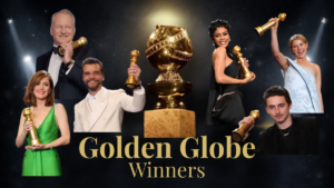 Golden Globe Awards winners graphic with some of the winners from the Golden Globe Awards and the Golden Globe statuette