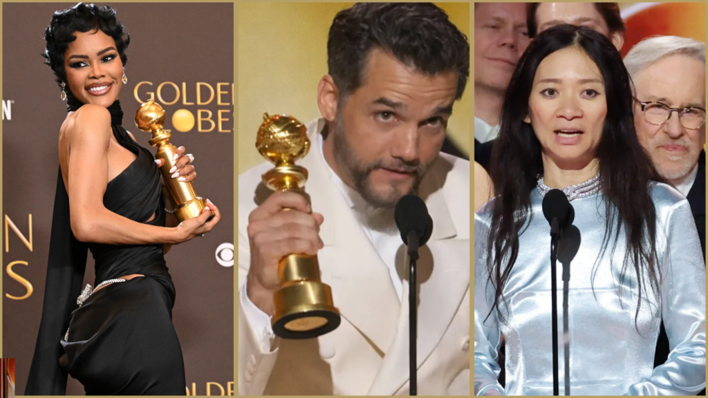 Teyana Taylor, Wagner Moura, and Chloé Zhao reacting to their Golden Globe wins, each holding or receiving their statuette on ceremony night.