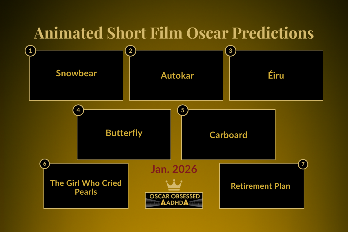 Leaderboard graphic showing the top 7 Animated Short Film contenders for the 2026 Oscars. (Jan 2026)