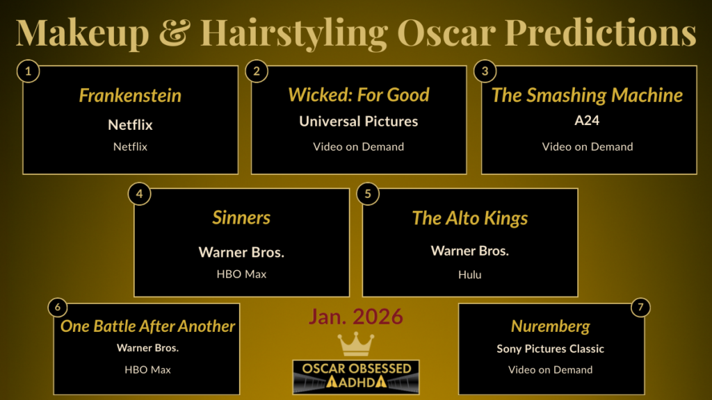 Leaderboard graphic showing the top 7 Makeup and Hairstyling contenders for the 2026 Oscars (Jan 2026)