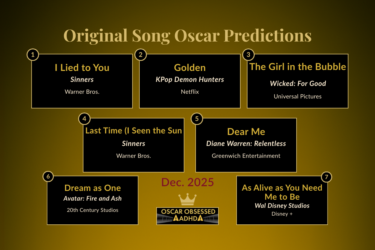 Leaderboard graphic showing the Top 7 Original Song predictions for the 2026 Oscars - Dec 2025