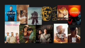 Collage of BAFTA longlisted 2026 films, including I Swear, Sentimental Value, Frankenstein, Bugonia, Sinners, The Ballad of Wallis Island, Hamnet, Nuremberg, One Battle After Another, and Marty Supreme around a central BAFTA mask logo.