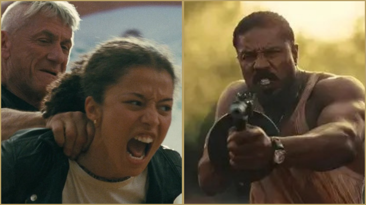 Side-by-side stills from One Battle After Another and Sinners. The left image shows Sean Penn and Chase Infiniti and the left image shows Michael B. Jordan.