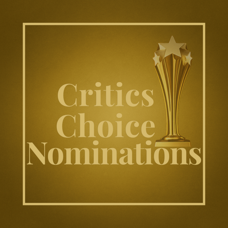 Gold graphic reading “Critics Choices Nominations” with a Critics Choice statue on a textured gold background