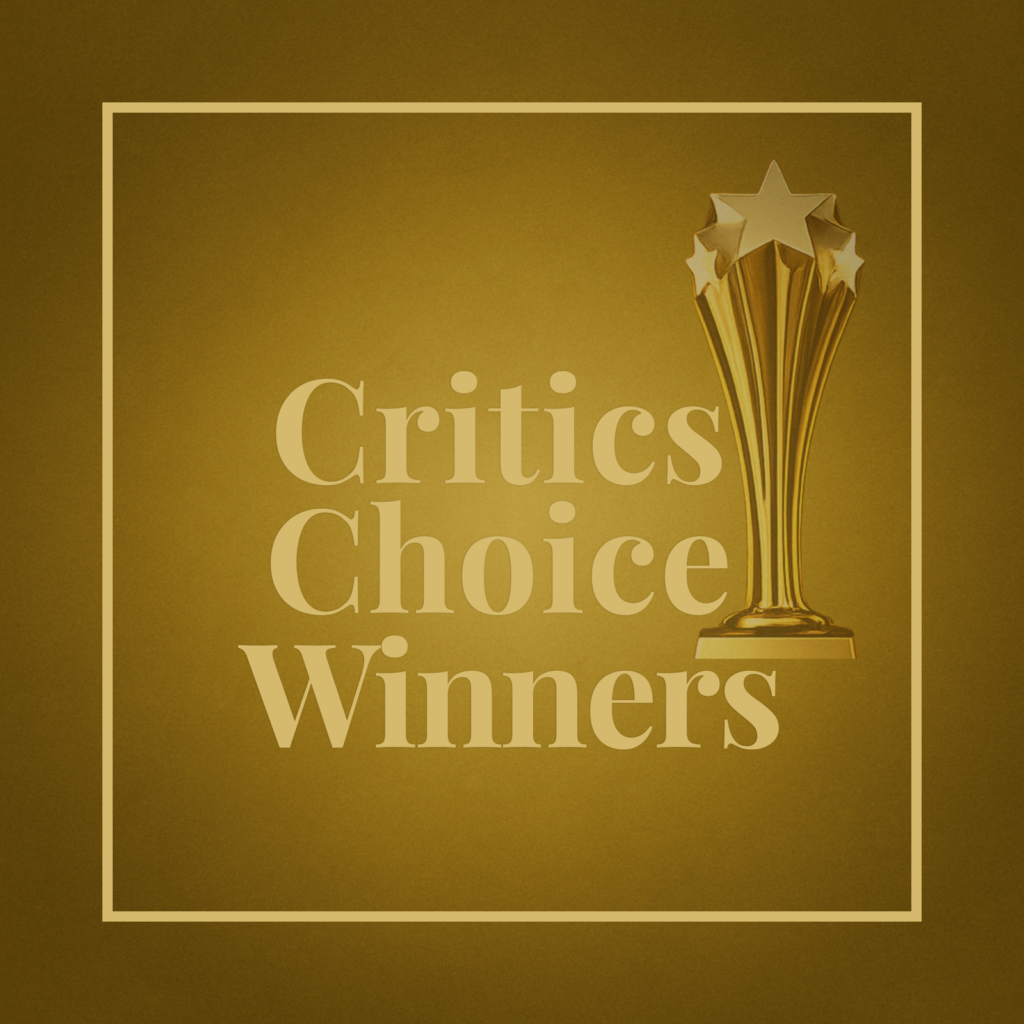 Gold graphic reading “Credit Choices Winners with a Critics Choice statue on a textured gold background
