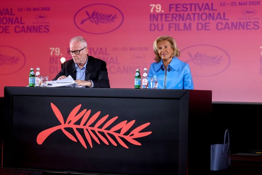 Cannes Film Festival press conference announcing the 2026 lineup with Thierry Frémaux and Iris Knobloch seated at a panel