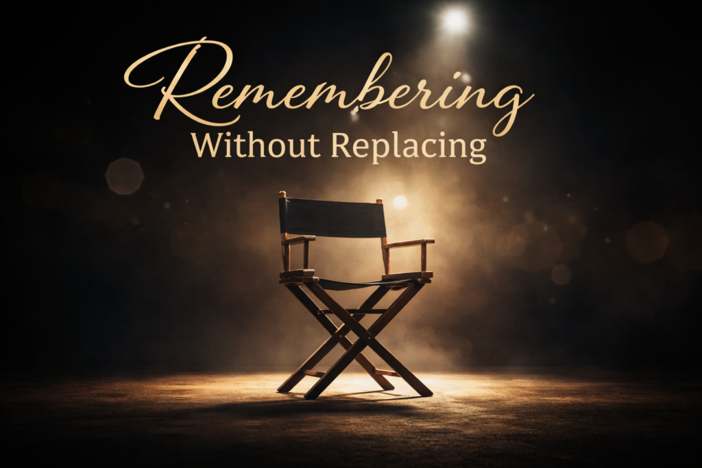 Empty director’s chair under spotlight – featured image for ‘Remembering Without Replacing’ article